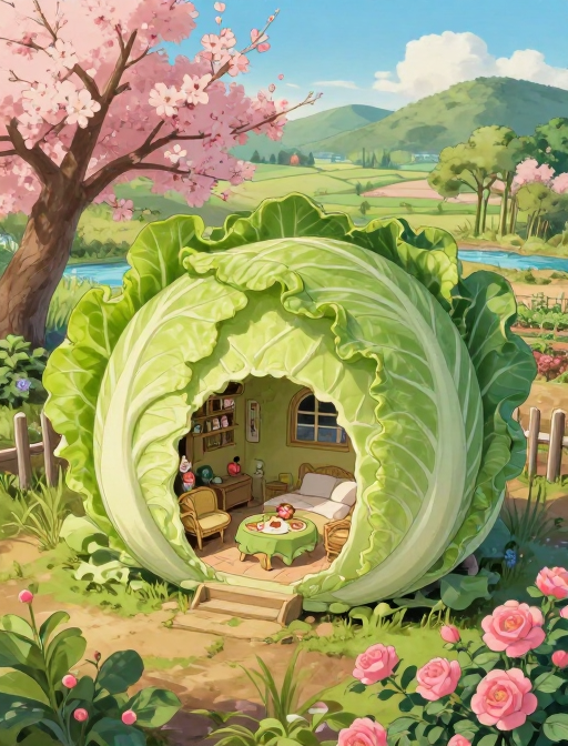 宫崎骏风格:巨大卷心菜小屋里的童话春日午后