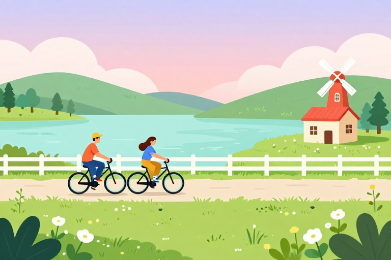 清新田园双人骑行插画,粉彩配色展现自然之美