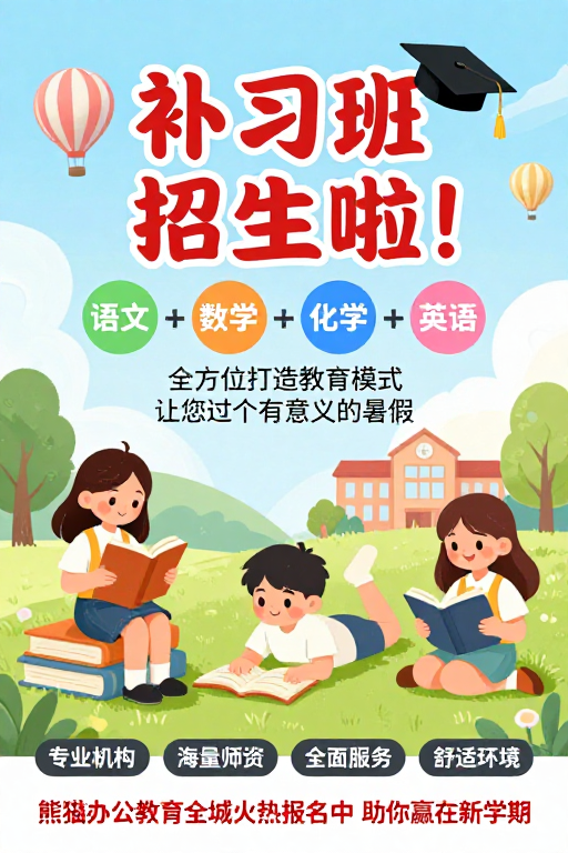 清新童趣教育招生海报:扁平插画风暑期课程宣传