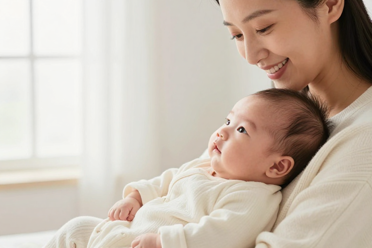 母爱温情：亚洲母亲怀抱新生儿柔光特写