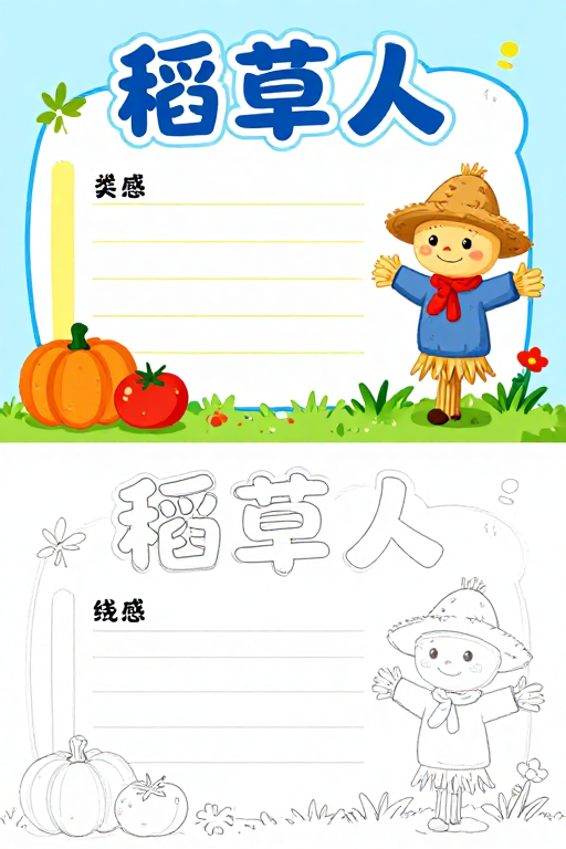 童趣双页稻草人插画：彩色与线稿结合的手抄报设计