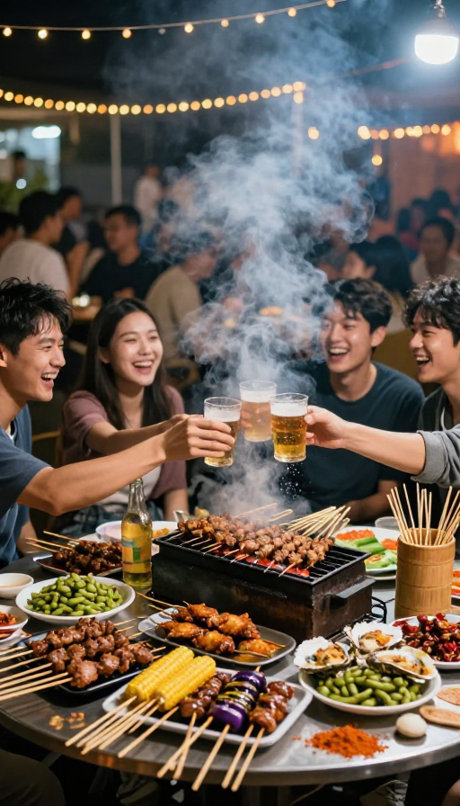 夏夜大排档狂欢:青年烧烤聚会热闹瞬间
