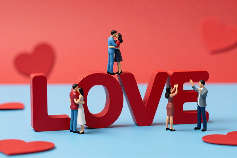 红蓝微缩情侣LOVE互动 高饱和浪漫广告图