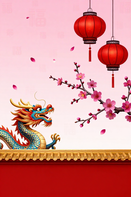 喜庆中国风春节背景图：龙耀红梅灯笼飞舞