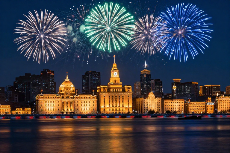 璀璨夜景:上海外滩烟花照亮万国建筑群