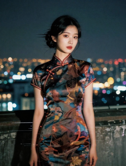 旗袍少女与万家灯火的双重曝光：未来超现实胶片艺术