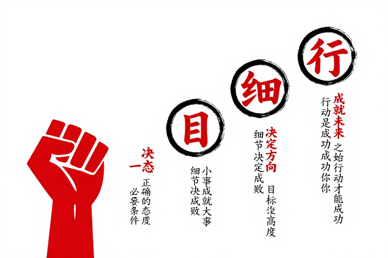红黑书法握拳图标：态度细节行动成就未来