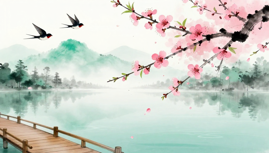 水墨桃花春景图，意境空灵的中国风春日画卷