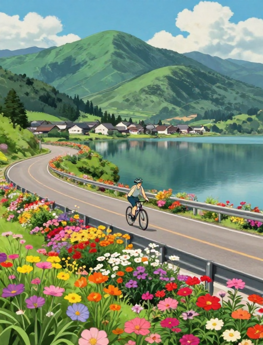 宫崎骏风骑行者沉醉花海与青山间的静谧风光