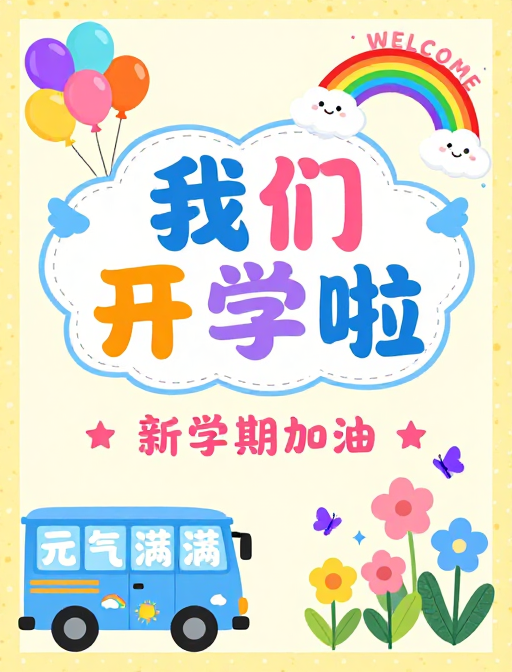 多彩卡通开学海报:童趣活力迎接新学期
