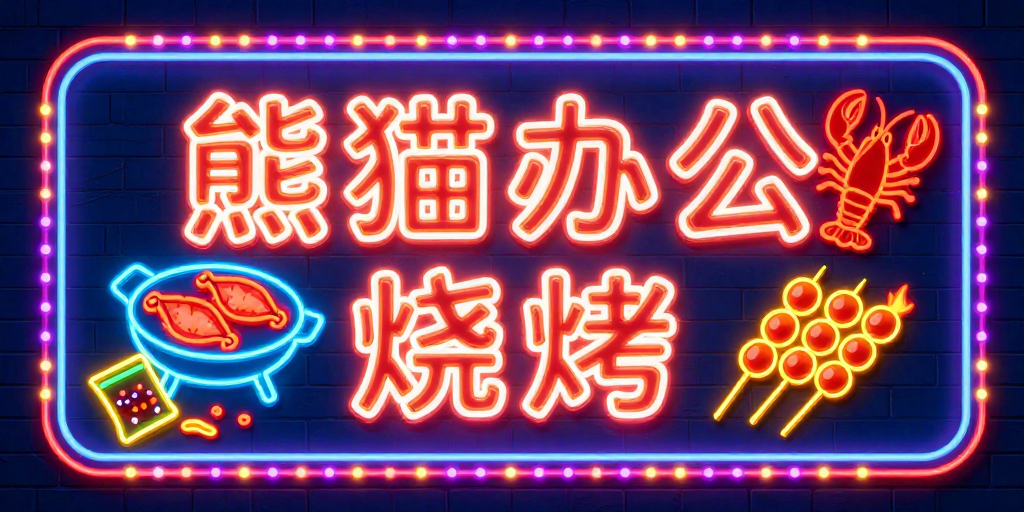 熊猫烧烤霓虹招牌设计:深蓝砖墙高对比发光