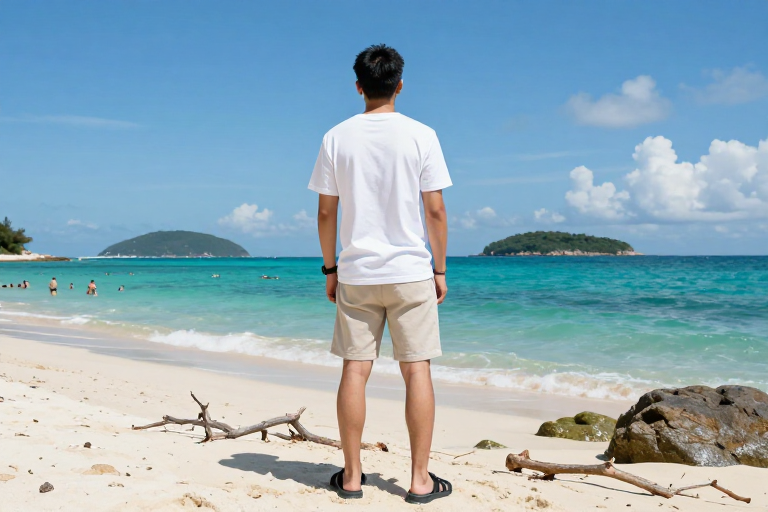 蔚蓝海岸：男子凝望远方的宁静之旅
