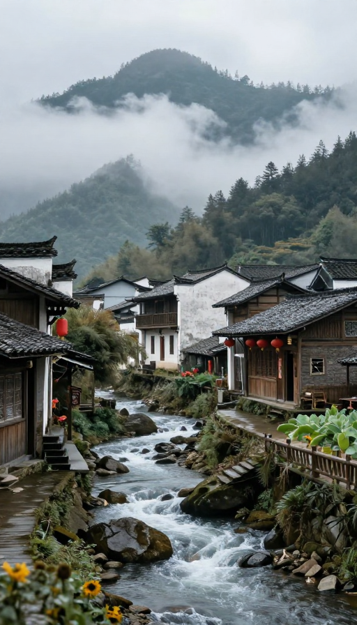 云雾缭绕的古村落:山间溪流的静谧时光