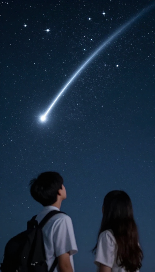 浩瀚星空下,少年少女仰望流星划破银辉