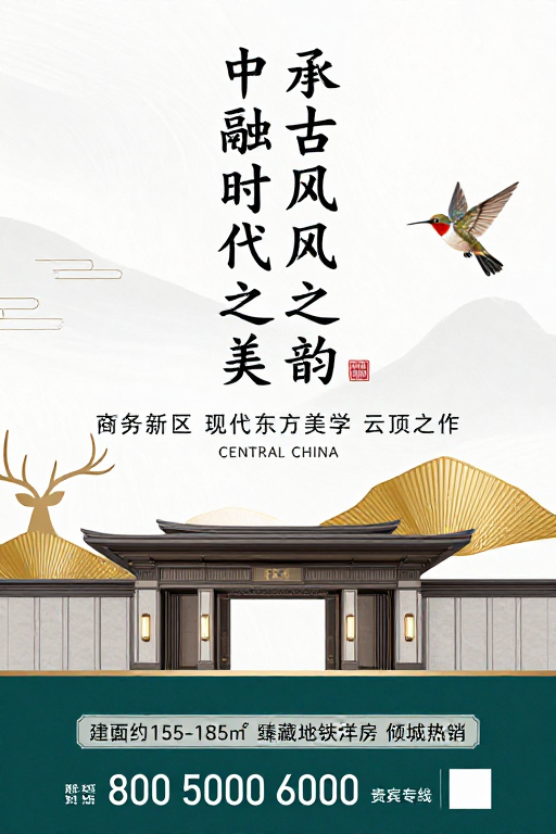 新中式美学与现代地产融合——商务新区宣传海报
