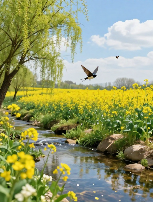 春野生机：柳芽初绽与燕掠花田的透亮画卷