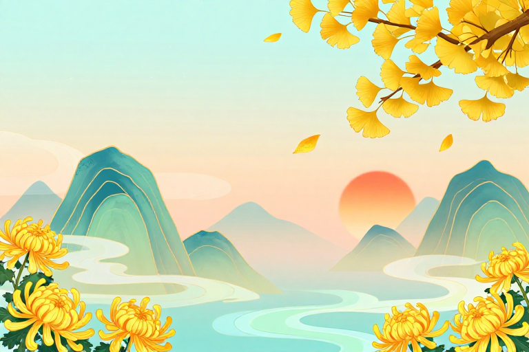 秋日东方意境山水背景插画