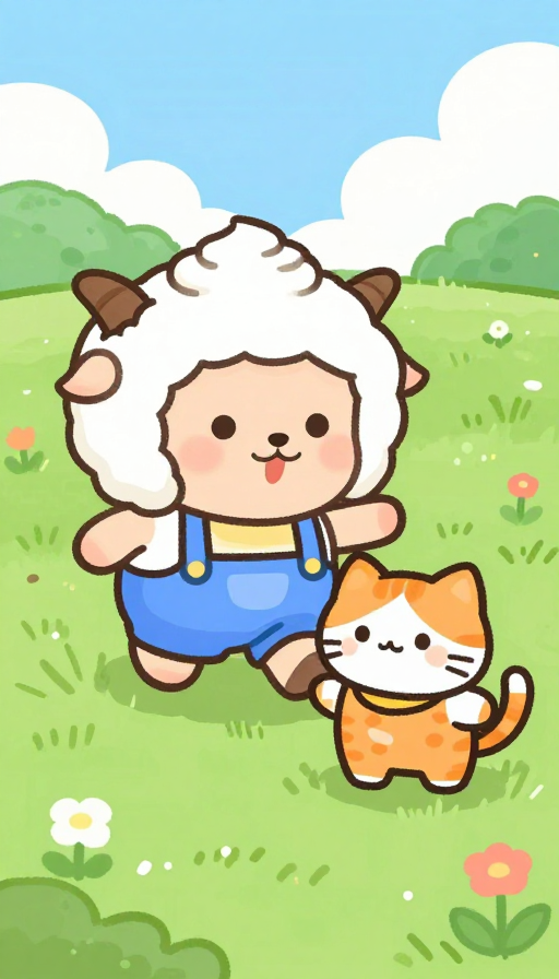 欢快草原:拟人小羊与橘猫童趣互动