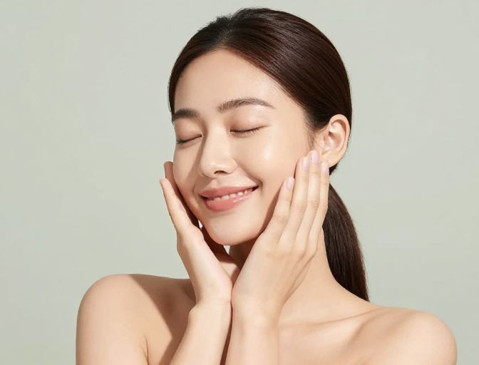 亚洲女性裸肩微笑:肌肤光泽的淡绿背景摄影