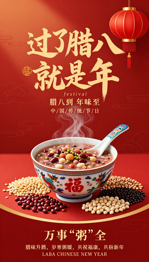 腊八节中式喜庆海报:红金传统设计传递年味