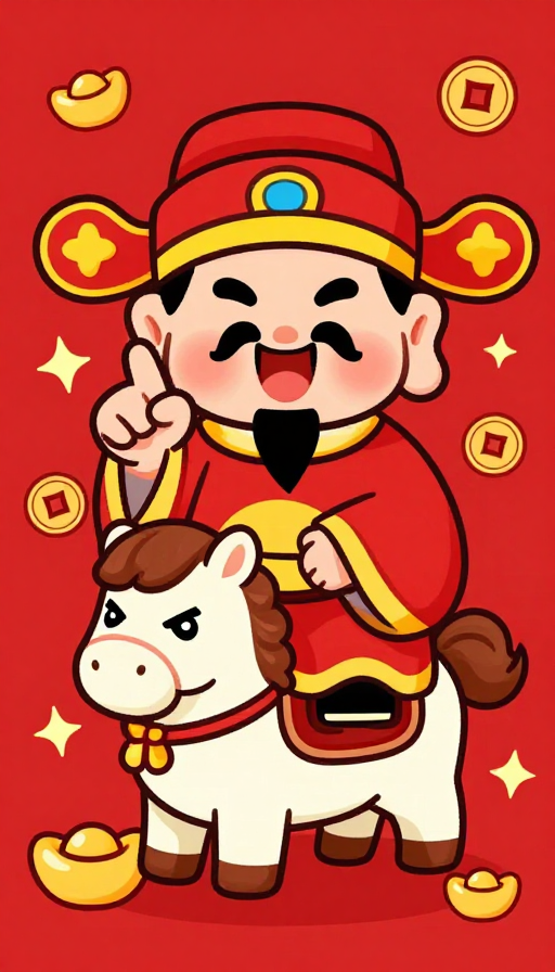 国潮Q版财神骑马来福,春节贺岁互动插画