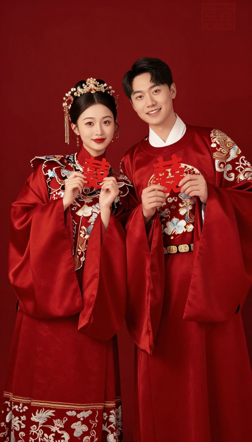 红色汉服新婚夫妇影楼高清实拍