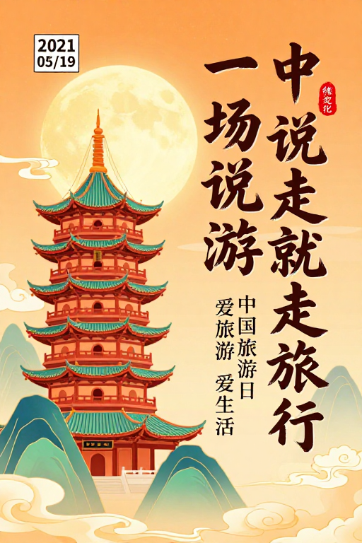 暖金中式宝塔旅行海报：说走就走的国风之旅