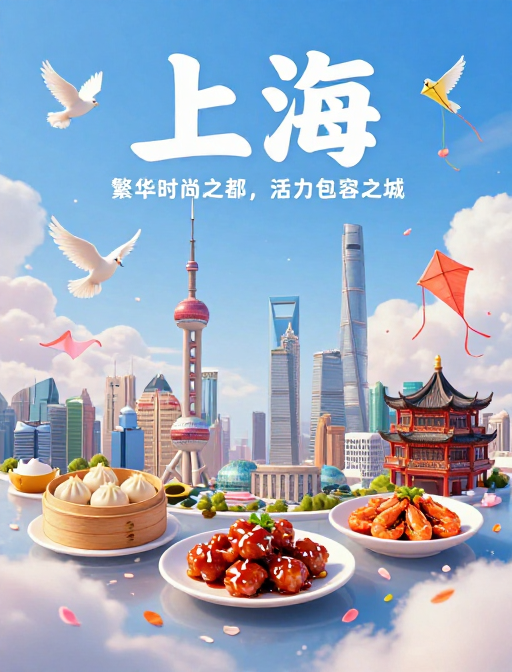 空中上海:繁华美食与地标 3D创意插画