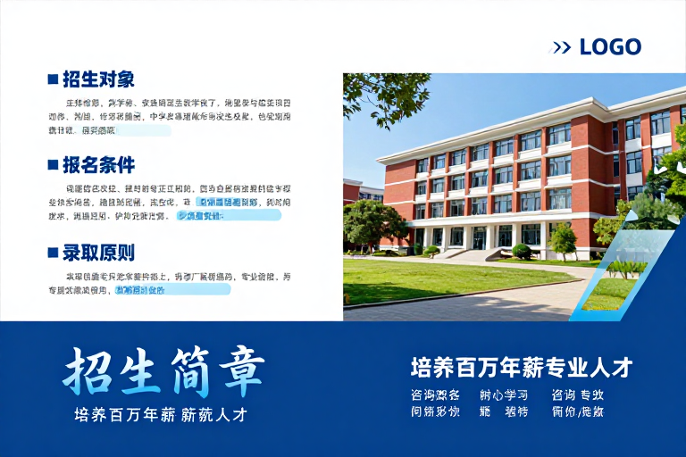 高校招生宣传封面设计：专业蓝白与红砖实景结合