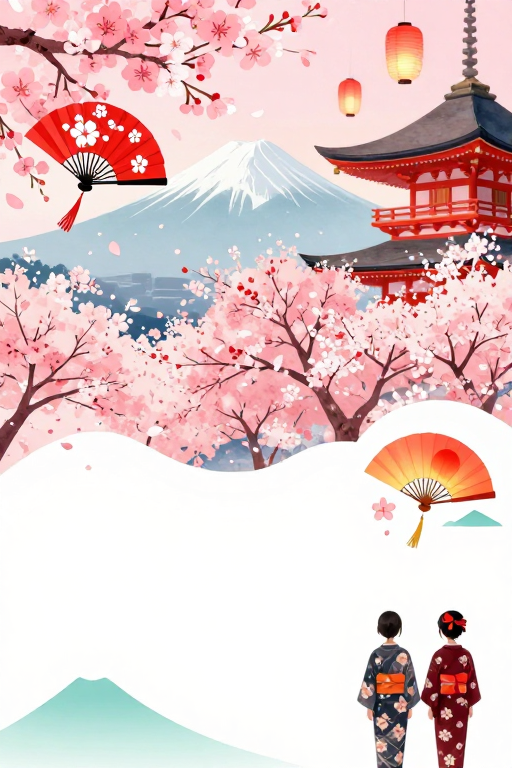 日式春日樱花神社水彩插画背景