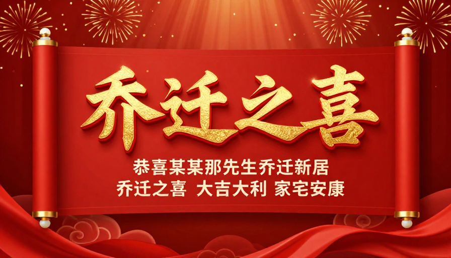 红金中国风乔迁喜帖：立体浮雕卷轴设计