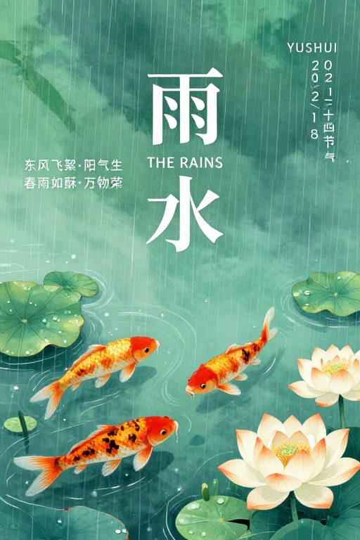 水墨雨水：青绿春雨下的东方诗意海报