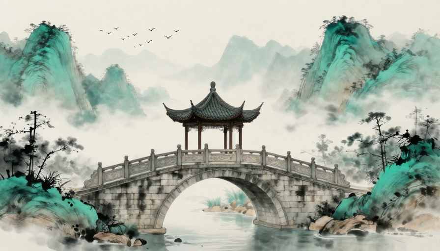 水墨山水意境,青绿古韵拱桥