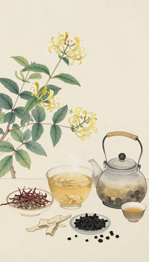 传统国画笔墨:金银花与珍贵药材方剂的艺术呈现