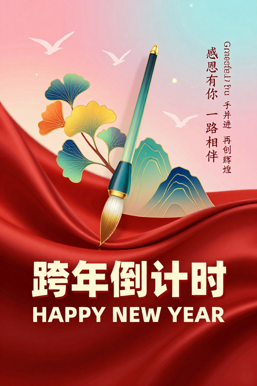 新国潮跨年庆典:金色毛笔与红绸绽放的节日祝福