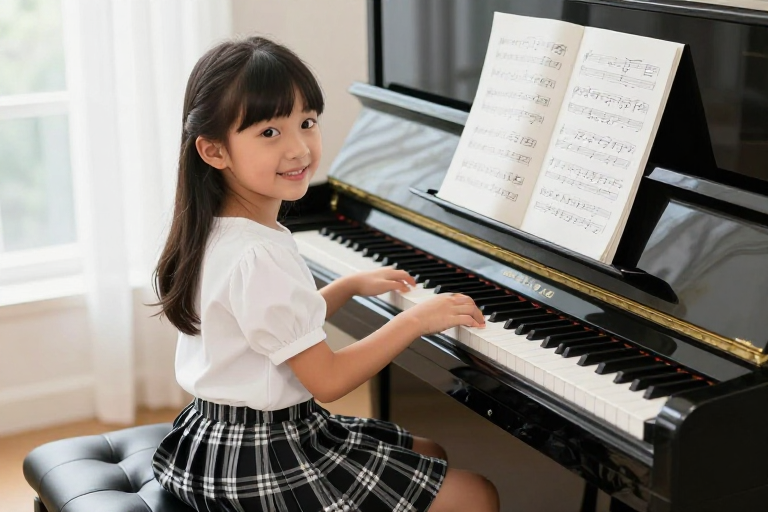钢琴前微笑少女:音乐教育的温暖瞬间