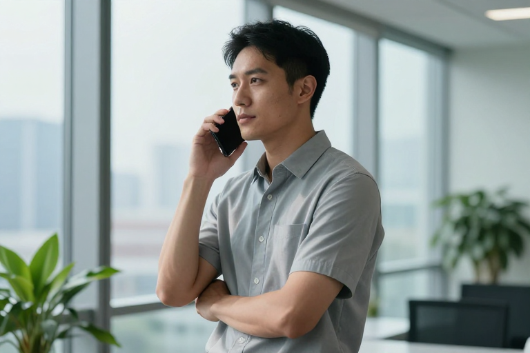 冷调光影下的专注商务电话