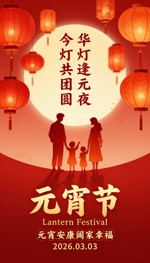 元宵佳节手绘插画:灯笼团圆温馨海报