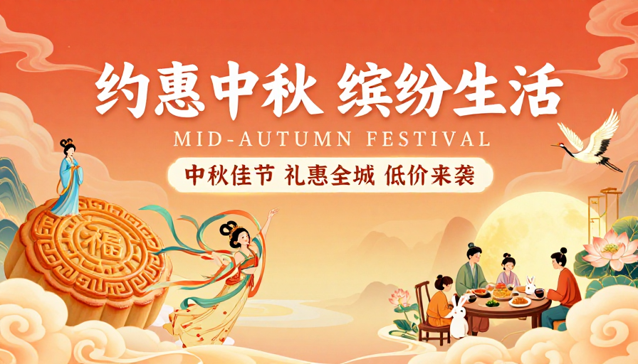 中秋佳节 缤纷生活：暖色国风插画促销海报