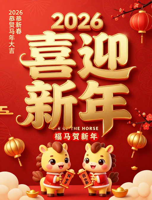 喜迎新年 金色立体字设计 2026马年春节海报