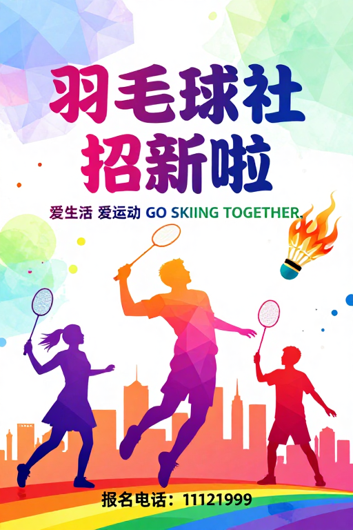 低多边形水彩风羽毛球社活力招新海报