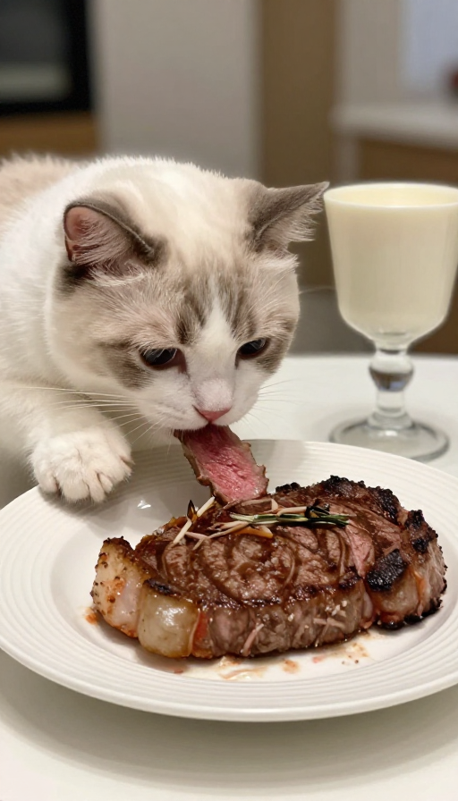 萌猫餐桌:可爱猫咪享用美味牛排的温馨插画