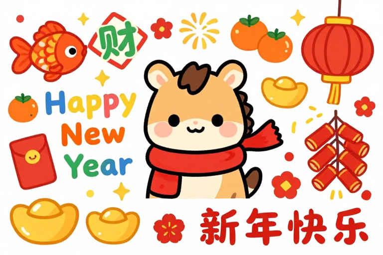 喜庆春节卡通小马与新年元素装饰插画