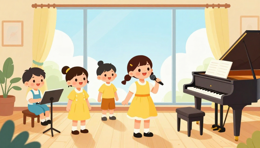 卡通风格柠檬黄天蓝儿童声乐表演插画