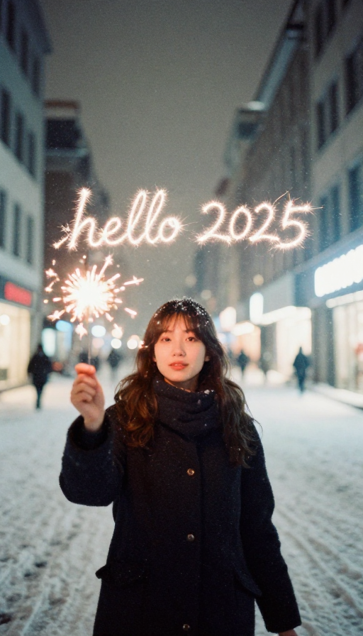 雪夜烟火女孩书写2025，复古胶片纪实感