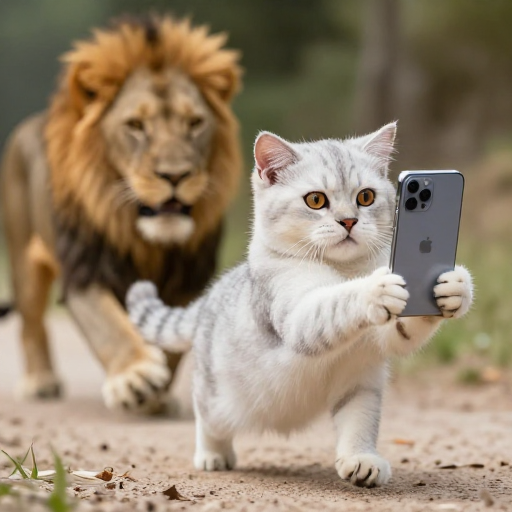 银渐层猫咪自拍惊魂：奔跑逃离狮子