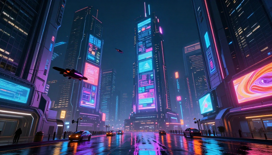 霓虹闪烁的赛博朋克未来城市夜景