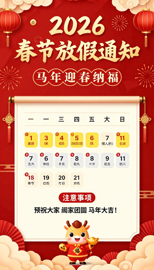 2026春节放假通知:喜庆中国风官方海报