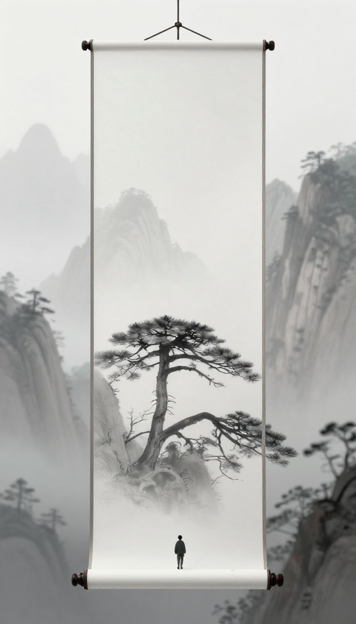 东方美学竖卷轴:迎客松与渺小人影的极简意境
