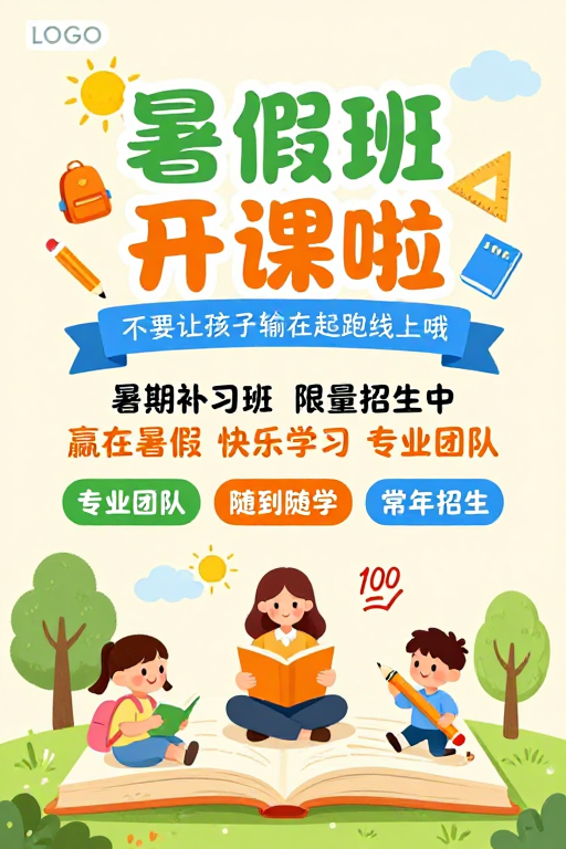夏日手绘风:暑期班快乐开课海报